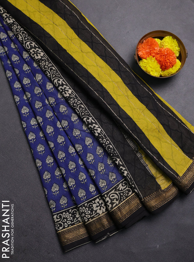 Blue & Black Chanderi Bagru Saree