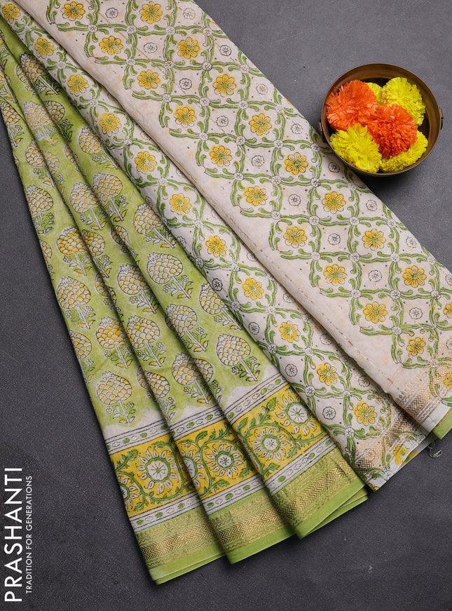 Pista Green & Yellow Chanderi Bagru Saree