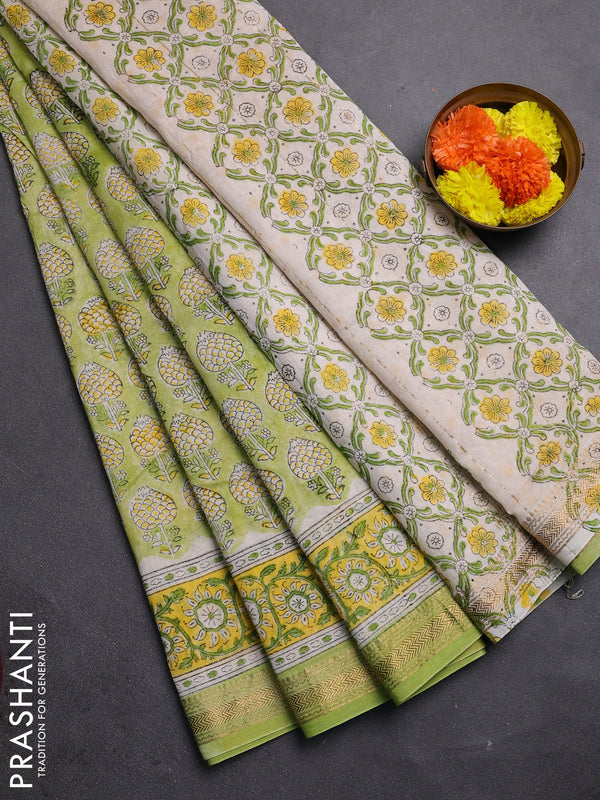 Pista Green & Yellow Chanderi Bagru Saree