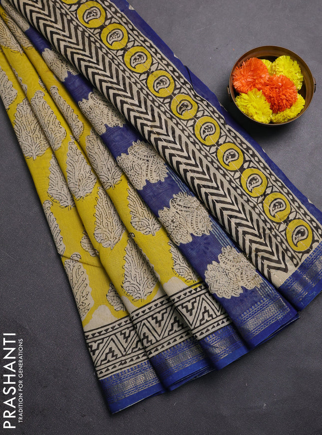 Lime Yellow & Blue Chanderi Bagru Saree
