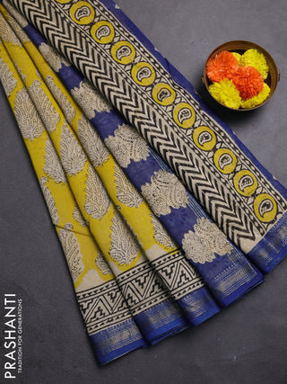Lime Yellow & Blue Chanderi Bagru Saree