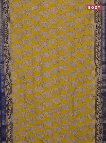 Lime Yellow & Blue Chanderi Bagru Saree