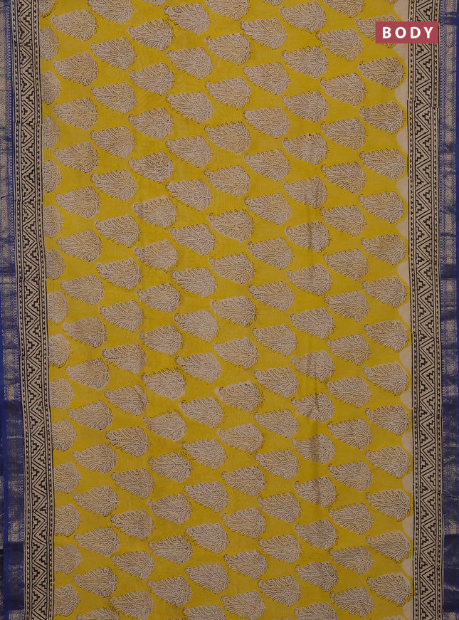 Lime Yellow & Blue Chanderi Bagru Saree