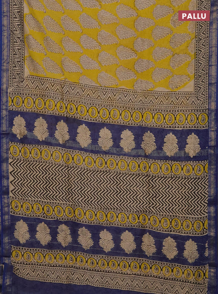 Lime Yellow & Blue Chanderi Bagru Saree