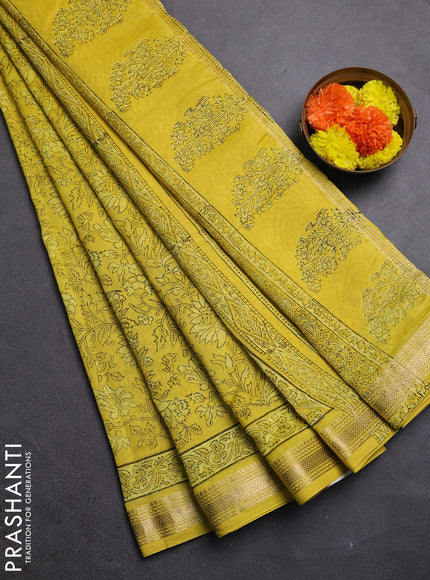 Lime Yellow  Chanderi Bagru Saree