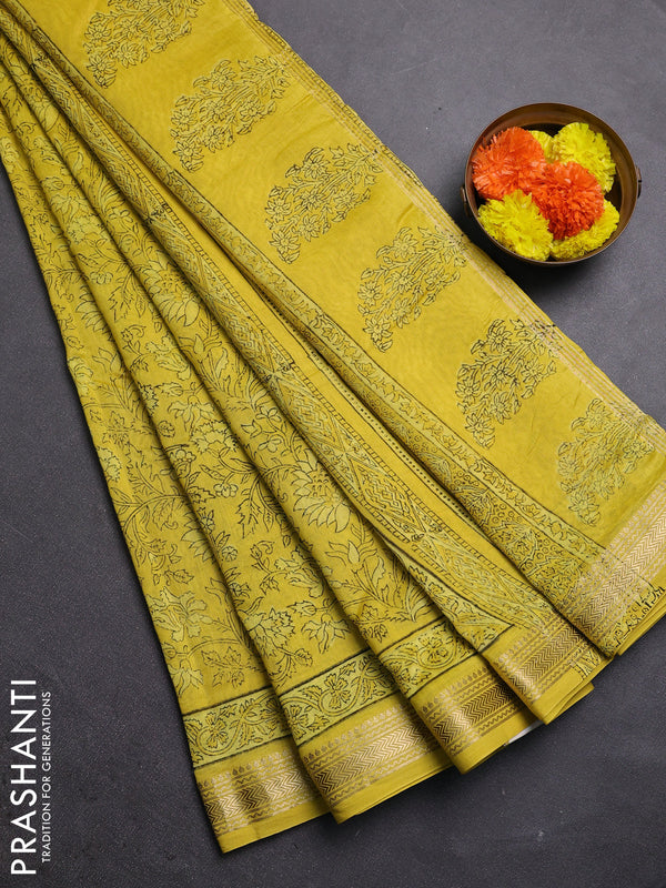 Lime Yellow  Chanderi Bagru Saree