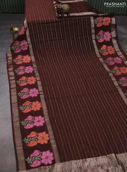 Coffee Brown Semi Chanderi - Embroidery