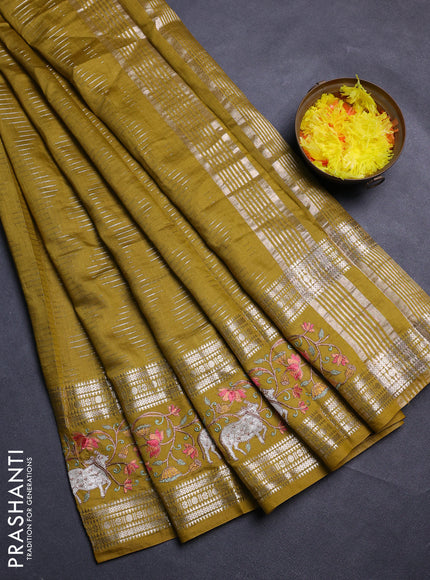 Mustard Green Semi Chanderi - Embroidery