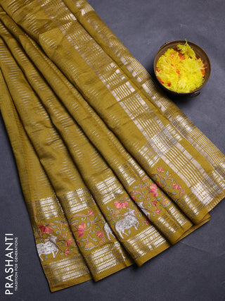 Mustard Green Semi Chanderi - Embroidery