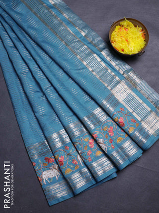 Cs Blue Semi Chanderi - Embroidery