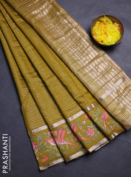 Mustard Green Semi Chanderi - Embroidery