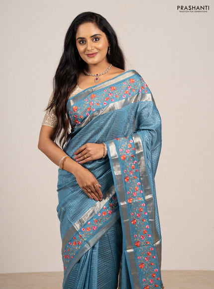 Blue Semi Chanderi - Embroidery