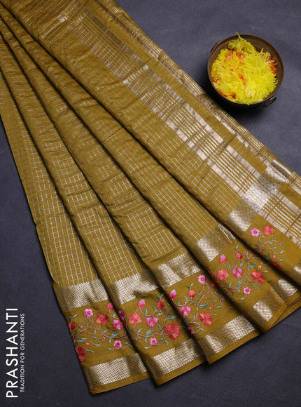 Mustard Green Semi Chanderi - Embroidery