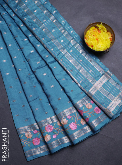 Cs Blue Semi Chanderi - Embroidery
