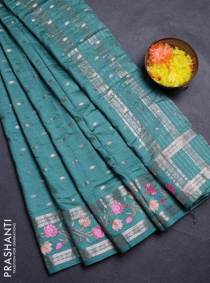 Teal Green Semi Chanderi - Embroidery