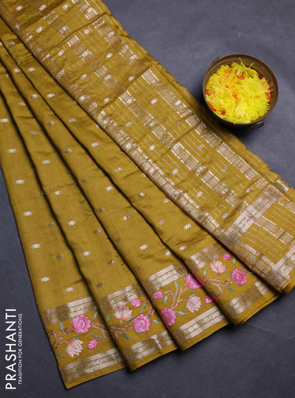 Mustard Green Semi Chanderi - Embroidery