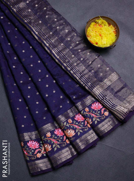 Navy Blue Semi Chanderi - Embroidery