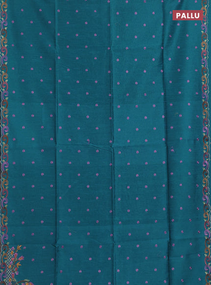Teal Blue Semi Dupion Saree - Embroidery