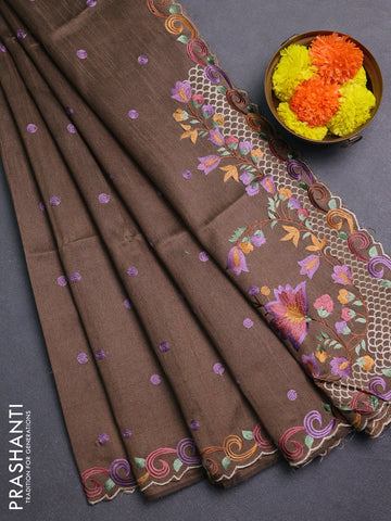 Brown Semi Dupion Saree - Embroidery
