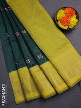 Bottle Green & Lime Yellow Semi Dupion Saree - Embroidery