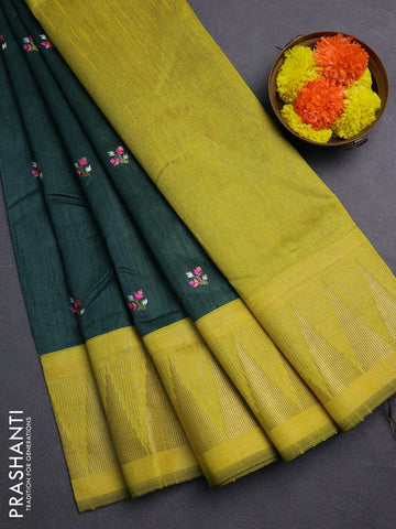 Bottle Green & Lime Yellow Semi Dupion Saree - Embroidery