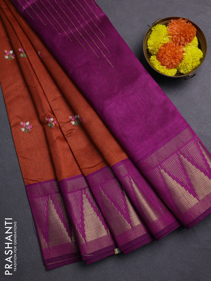 Orange & Purple Semi Dupion Saree - Embroidery