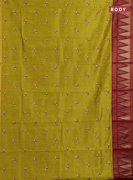 Lime Yellow & Red Semi Dupion Saree - Embroidery