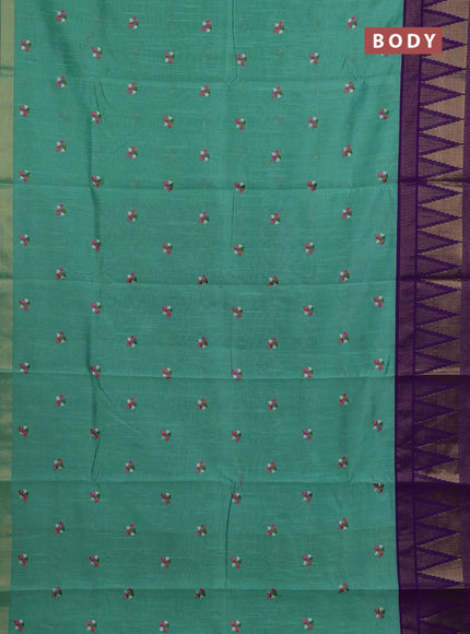 Teal Green & Violet Semi Dupion Saree - Embroidery
