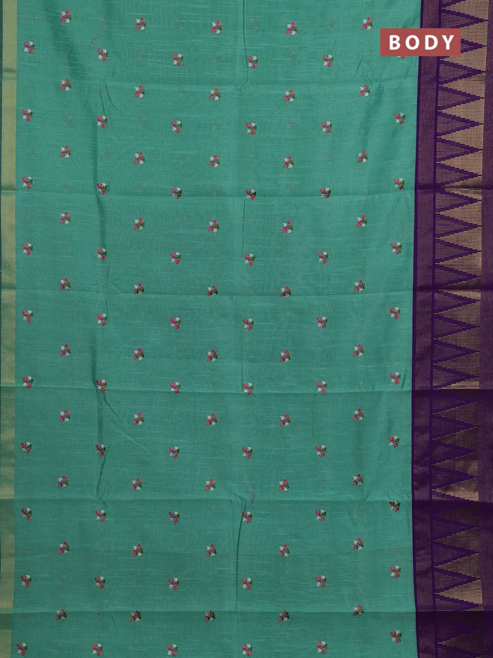 Teal Green & Violet Semi Dupion Saree - Embroidery