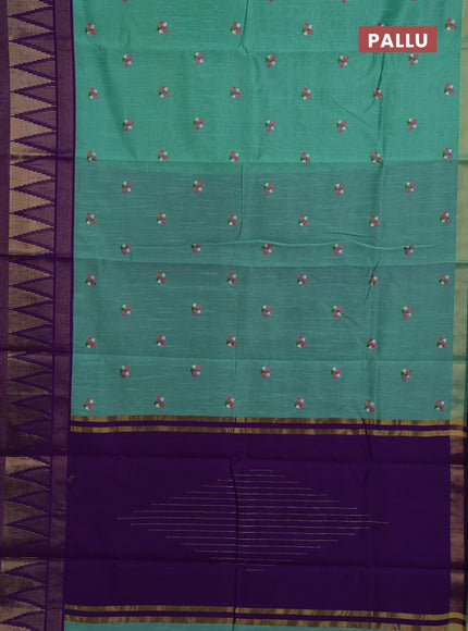 Teal Green & Violet Semi Dupion Saree - Embroidery