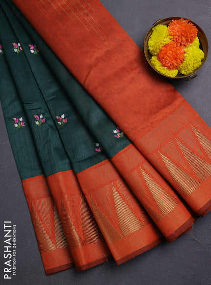 Bottle Green & Orange Semi Dupion Saree - Embroidery