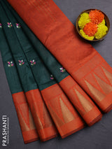 Bottle Green & Orange Semi Dupion Saree - Embroidery