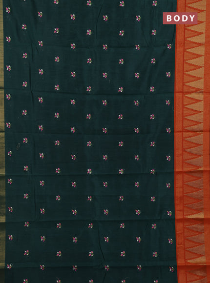 Bottle Green & Orange Semi Dupion Saree - Embroidery