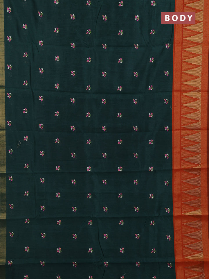 Bottle Green & Orange Semi Dupion Saree - Embroidery