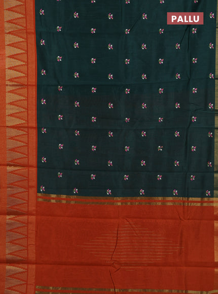 Bottle Green & Orange Semi Dupion Saree - Embroidery
