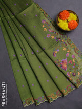 Green & Purple Semi Dupion Saree - Embroidery
