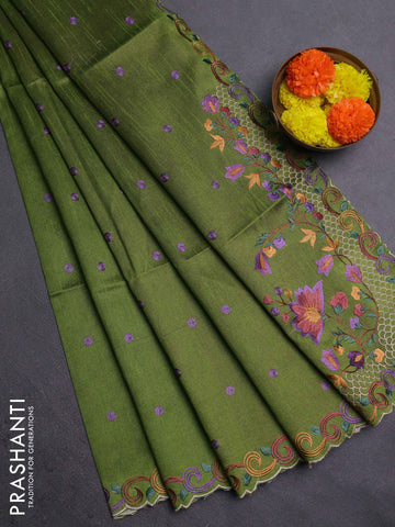 Green & Purple Semi Dupion Saree - Embroidery