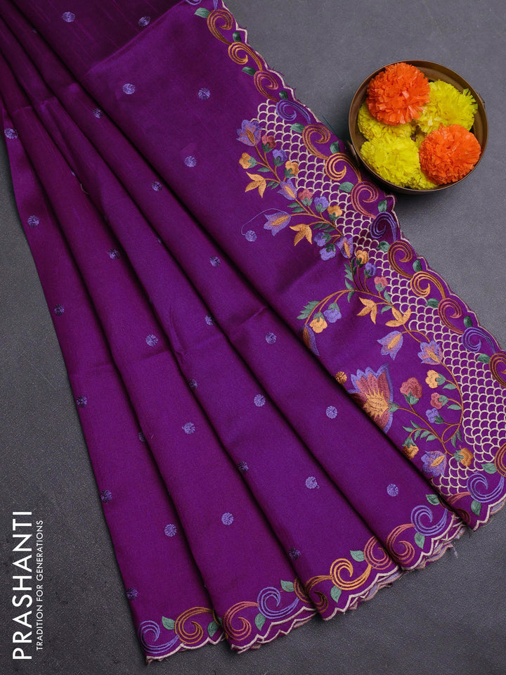 Purple & Teal Blue Semi Dupion Saree - Embroidery