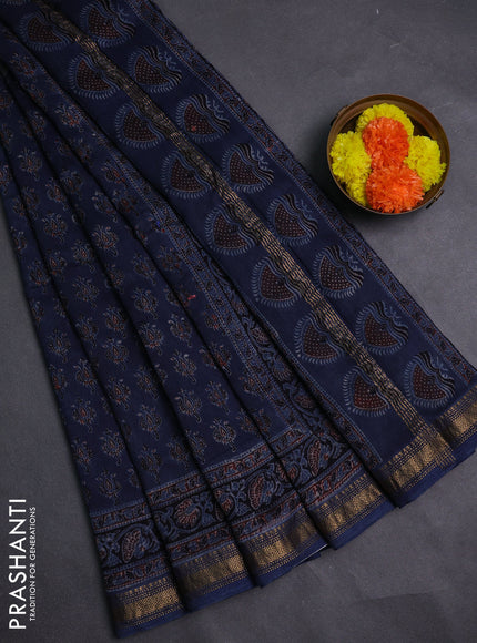 Navy Blue Maheshwari Silk Cotton Saree - Ajrakh Prints