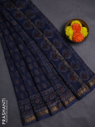 Navy Blue Maheshwari Silk Cotton Saree - Ajrakh Prints