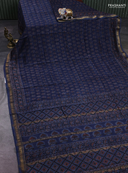 Navy Blue Maheshwari Silk Cotton Saree - Ajrakh Prints