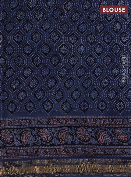 Navy Blue Maheshwari Silk Cotton Saree - Ajrakh Prints