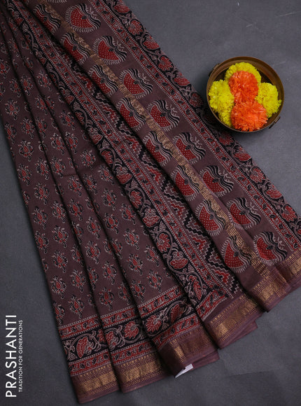 Brown & Black Maheshwari Silk Cotton Saree - Ajrakh Prints