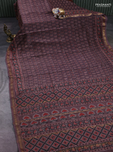 Brown & Black Maheshwari Silk Cotton Saree - Ajrakh Prints