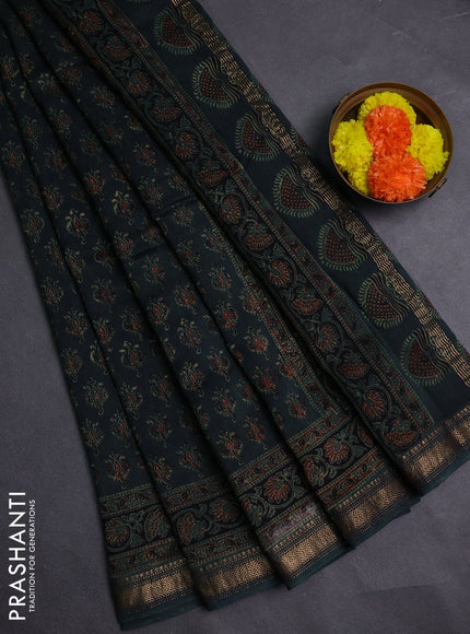 Bottle Green Maheshwari Silk Cotton Saree - Ajrakh Prints