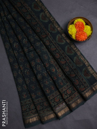 Bottle Green Maheshwari Silk Cotton Saree - Ajrakh Prints