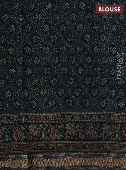 Bottle Green Maheshwari Silk Cotton Saree - Ajrakh Prints