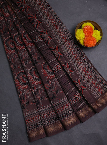 Brown Maheshwari Silk Cotton Saree - Ajrakh Prints
