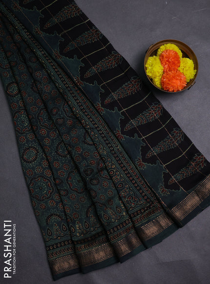 Bottle Green Maheshwari Silk Cotton Saree - Ajrakh Prints