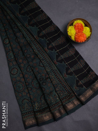 Bottle Green Maheshwari Silk Cotton Saree - Ajrakh Prints